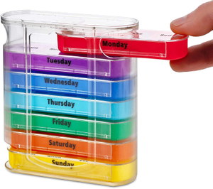 Distributeur de pilules hebdomadaire coloré quatre fois par jour avec compartiments empilables